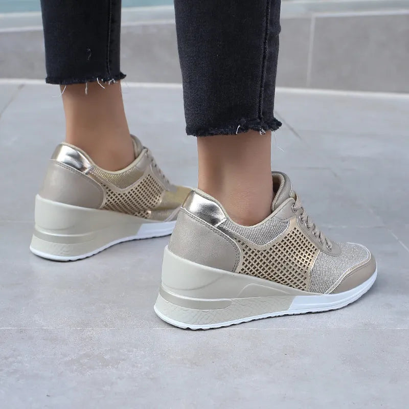 Women lace-up sneakers with 6.5cm height increase, PU upper, round toe, casual style in black