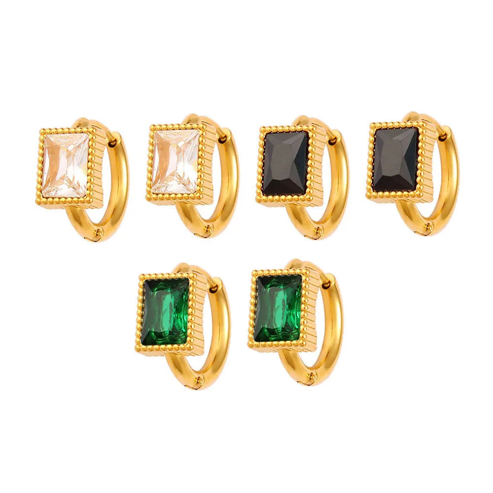 A pair of square stainless steel earrings with round zircon details, shown in a choice of black, green, or white colour.
