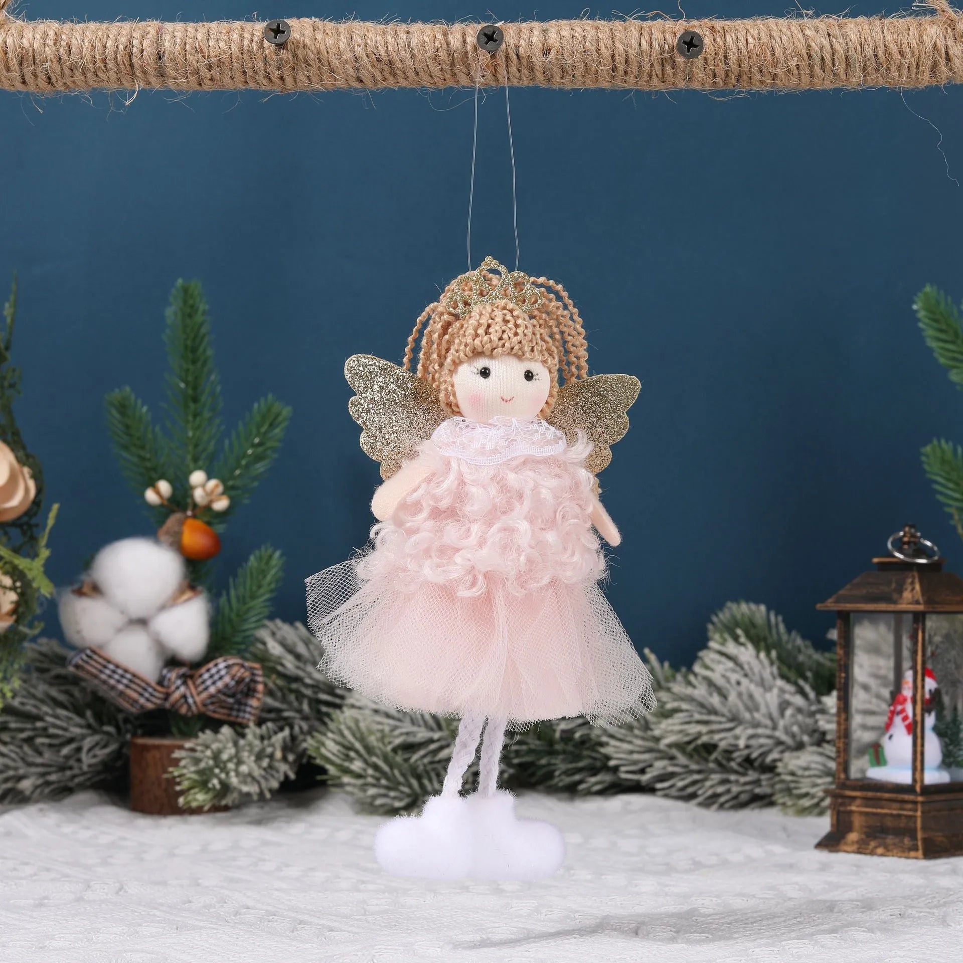 Cartoon-style cloth Christmas angel pendant hair ornament for girls on a high ponytail.