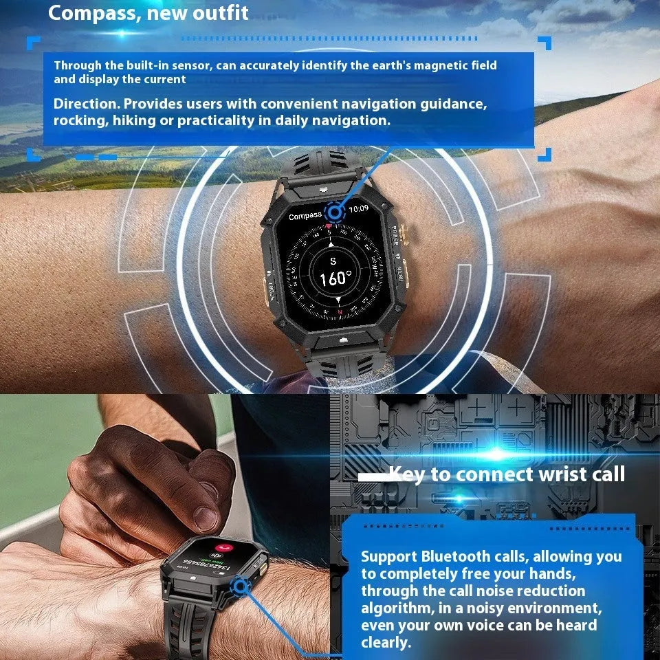 Smart watch with Bluetooth calling and gas compass in black, showing touch-button operation and IPS screen