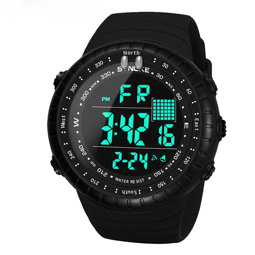 Black men's waterproof outdoor electronic watch with large digital dial on a PU strap.
