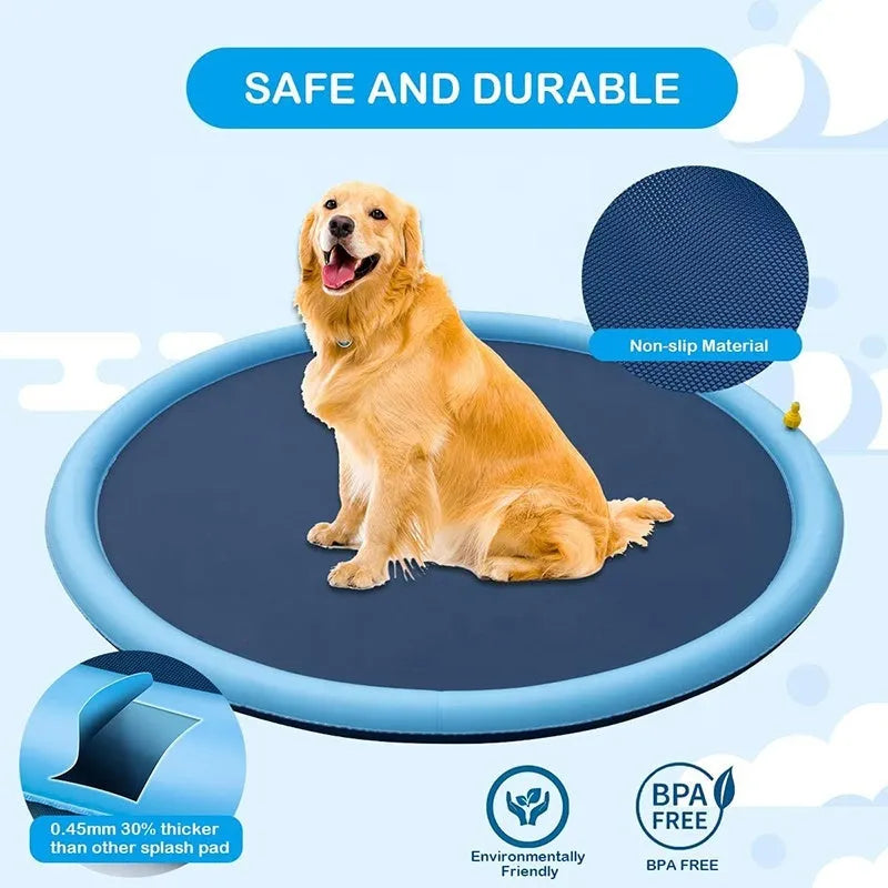 Large blue anti-slip dog splash pad with a textured surface in a sunny garden.