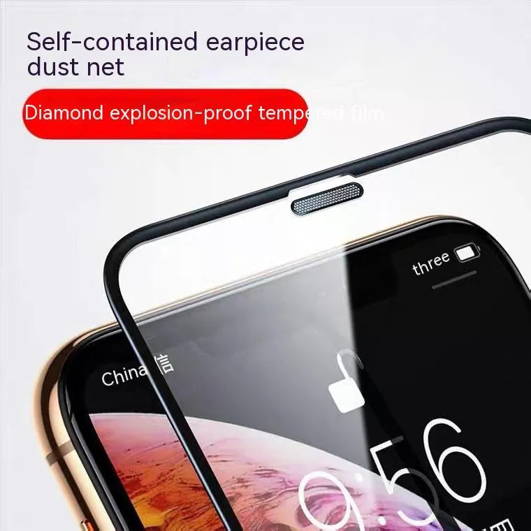 Full cover tempered glass screen protector for iPhone showing privacy, blue light, and dustproof variants.