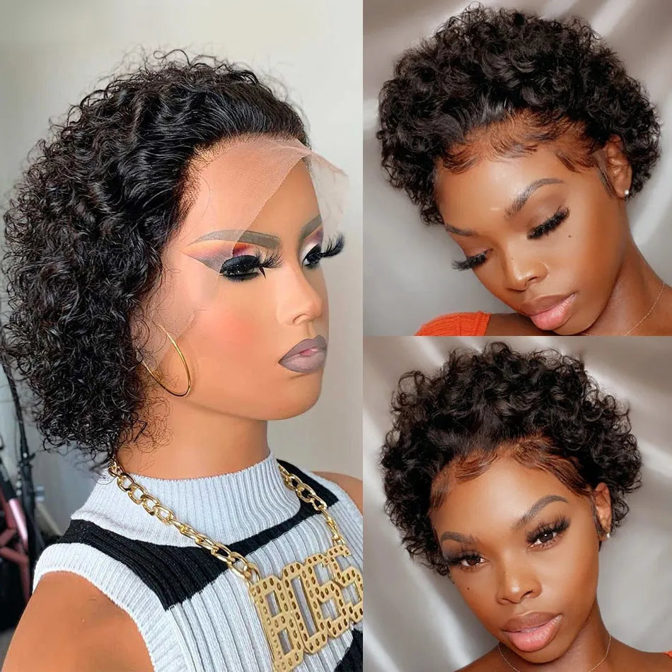 Black short pixie wig with 13x1 lace frontal and pre-plucked hairline made from human hair