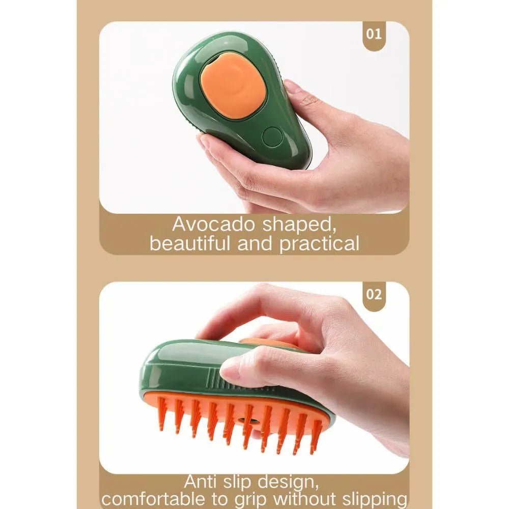 Green and white 3-in-1 cat steam brush with water spray and soft silicone teeth for pet grooming.