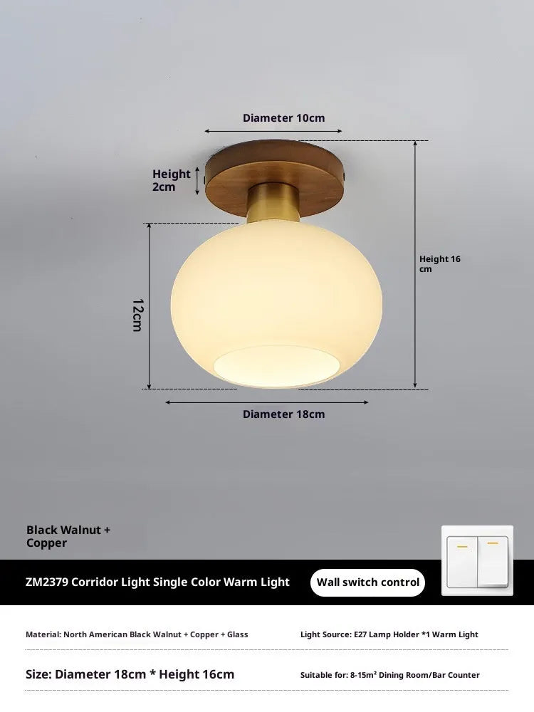 Walnut brass ceiling lamp with 5 watt bulb for corridor and balcony, light luxury style