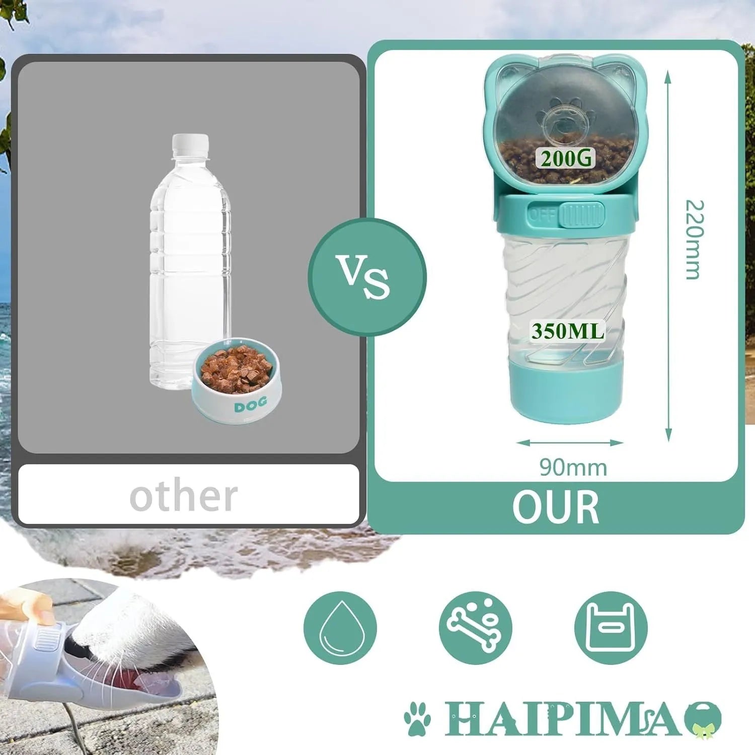 Green, pink, or white 3-in-1 portable pet water bottle with food container and bag dispenser.