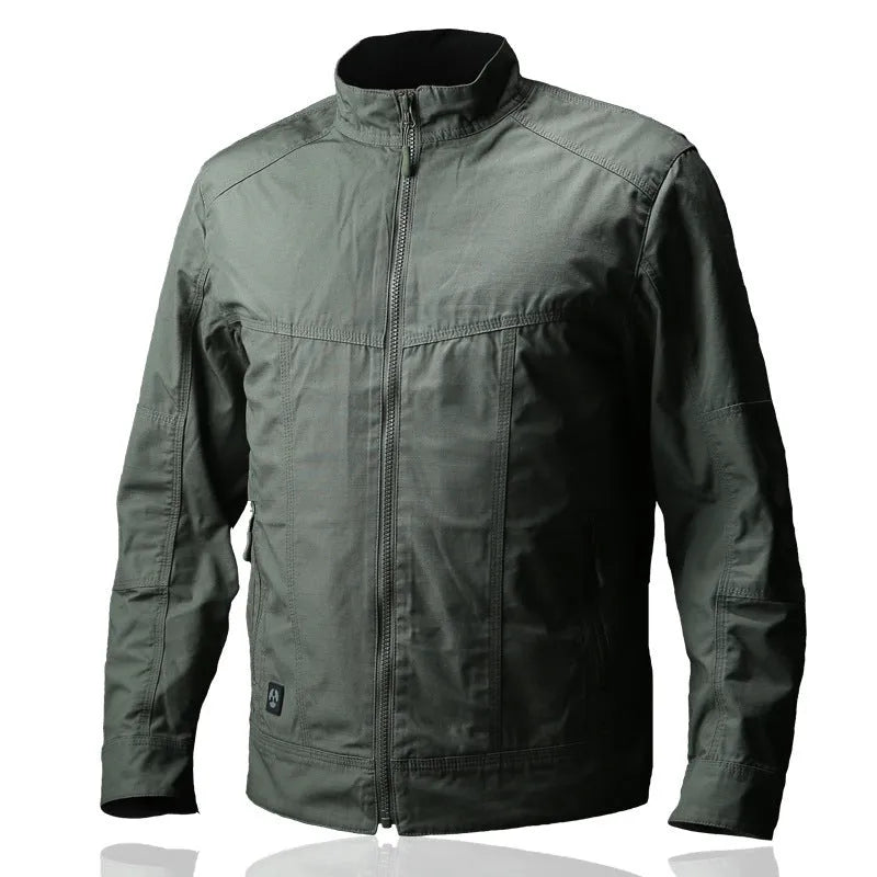 Man wearing brown Outdoor Tactics Assassin Jacket, a plaid-pattern polyester coat with a collar, shown outdoors.