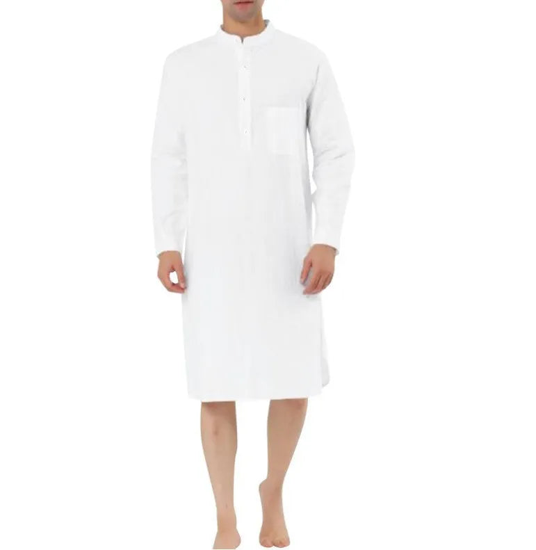 Men's cotton shirt robe with a front button closure and pockets, shown in a light blue colour.