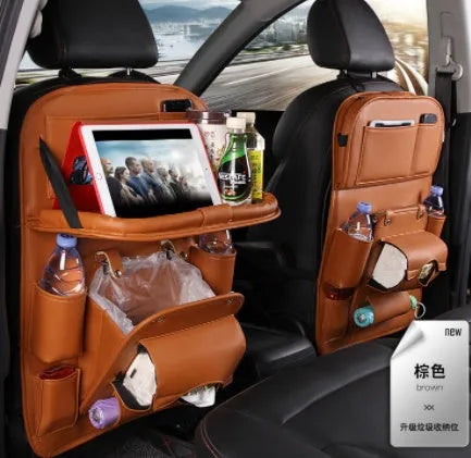 PU leather car seat back storage organiser with multiple pockets and built-in trash can in six colour options