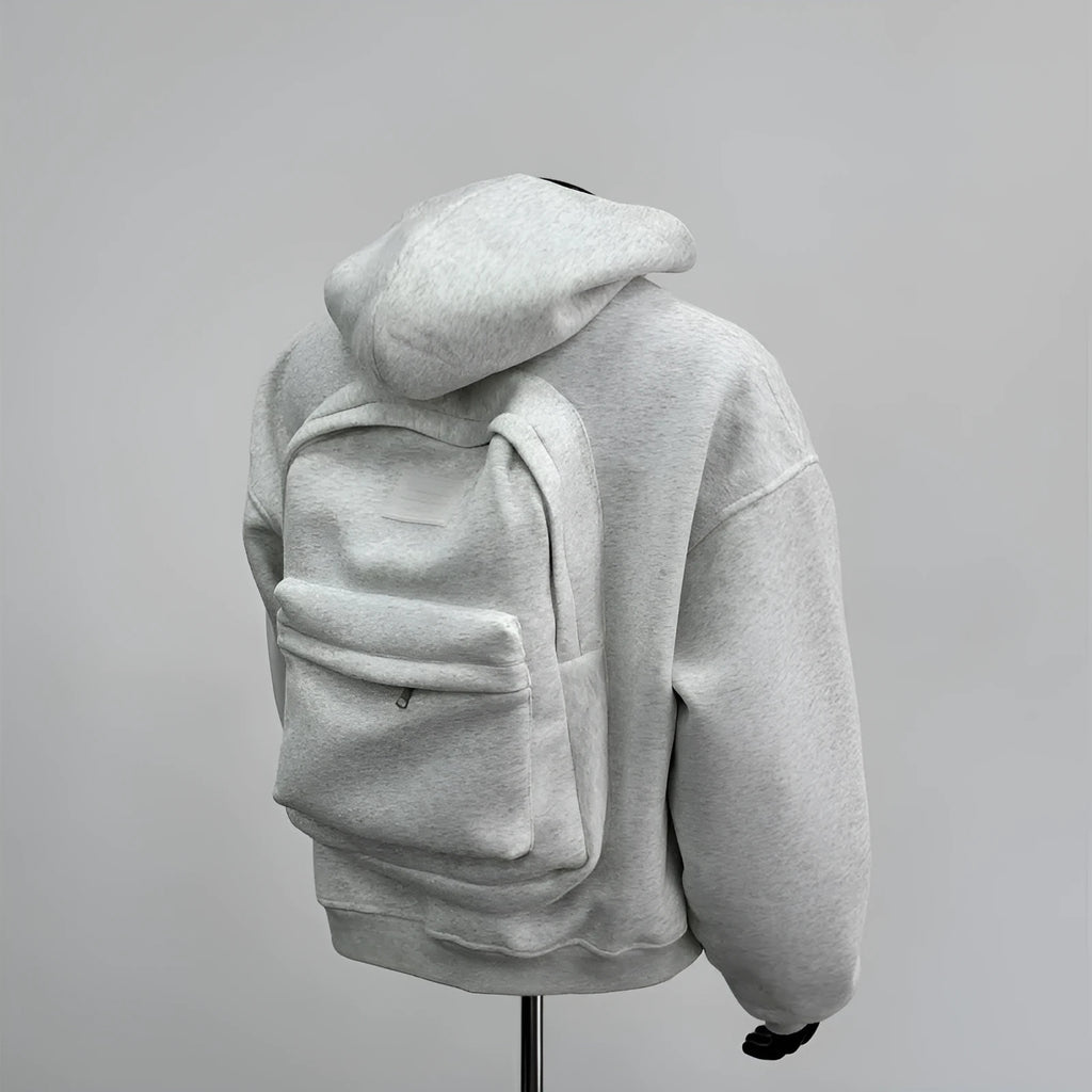 Men's hooded coat with back schoolbag design in light gray or black, polyester cotton blend, Asian sizes M to 4XL