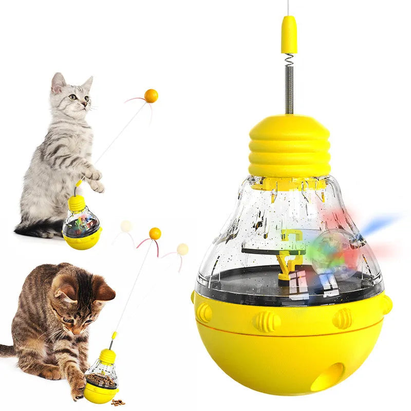 Rope green and yellow interactive cat wand toy with a teaser stick and a wobble base containing a slow feeder.