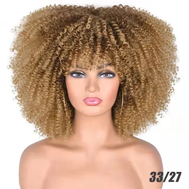 African small curly hair afro wig headgear in high temperature silk with bangs, available in multiple colours