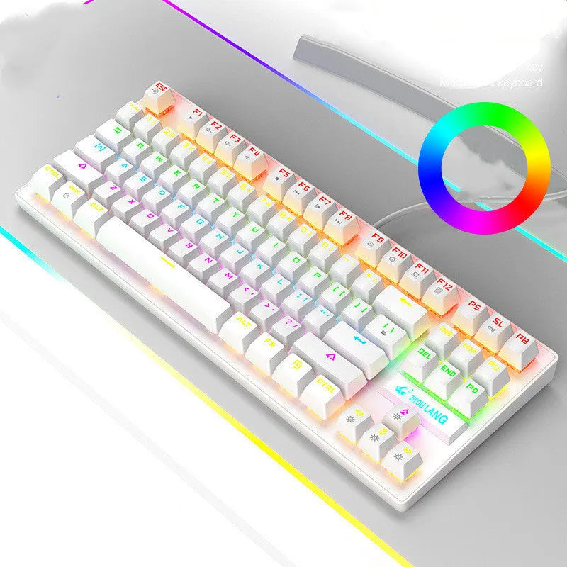 Compact mechanical gaming keyboard with ABS plastic construction in black, white, blue, or pink colour options