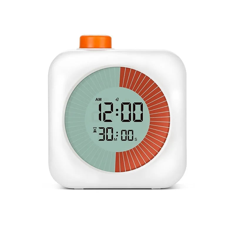 White plastic 60-minute visual timer with clear dial on desk for student study