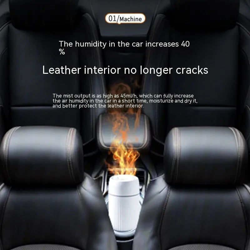Car aroma diffuser with flame simulation effect showing black and white colour options