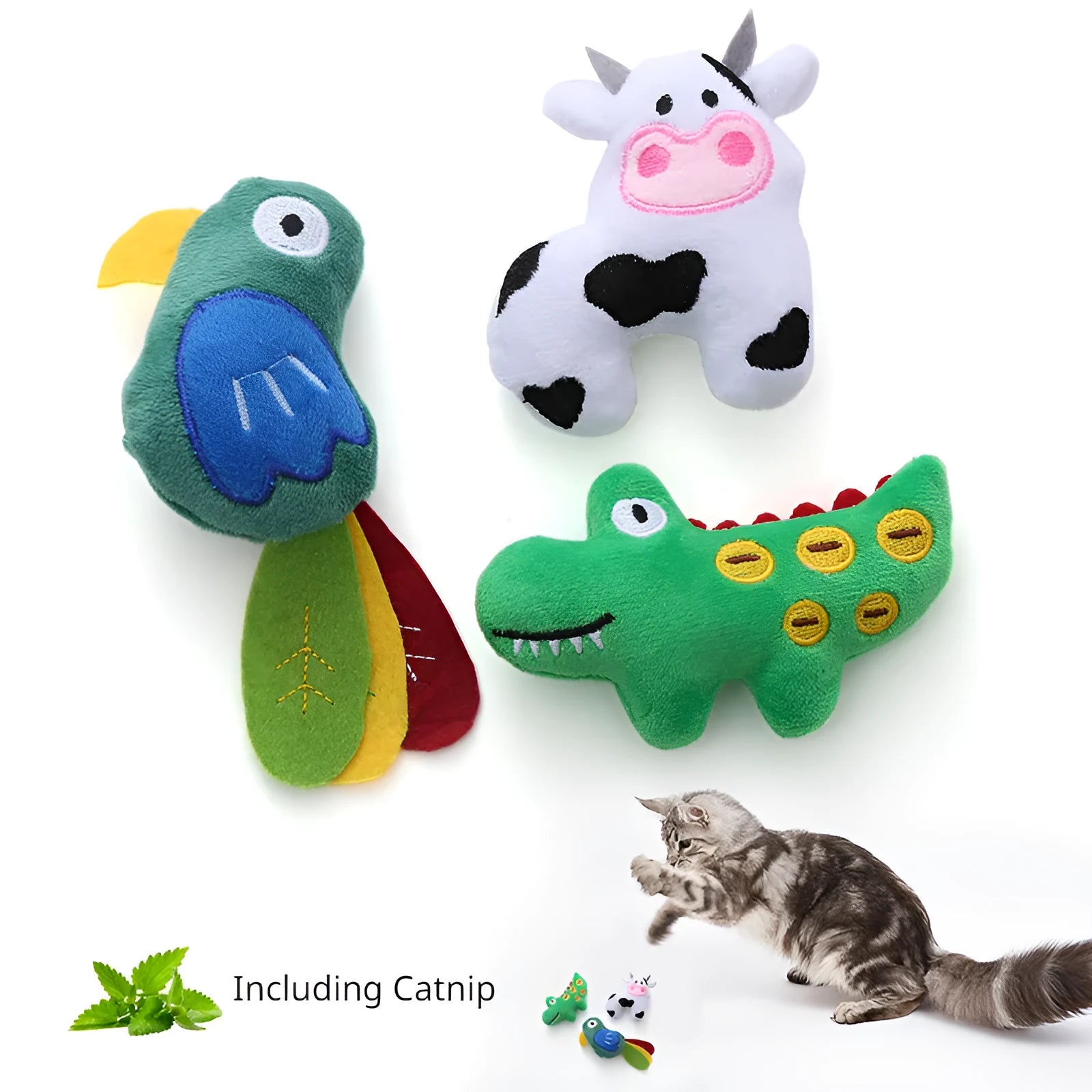Parrot, cow, and crocodile shaped plush cat toys with catnip for interactive feline play