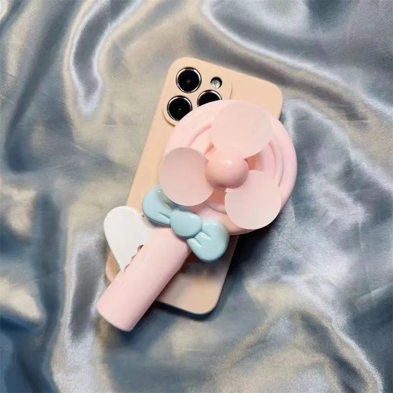 Lollipop hand fan iPhone case in cyan and pink, soft TPU drop-resistant cover for iPhone models