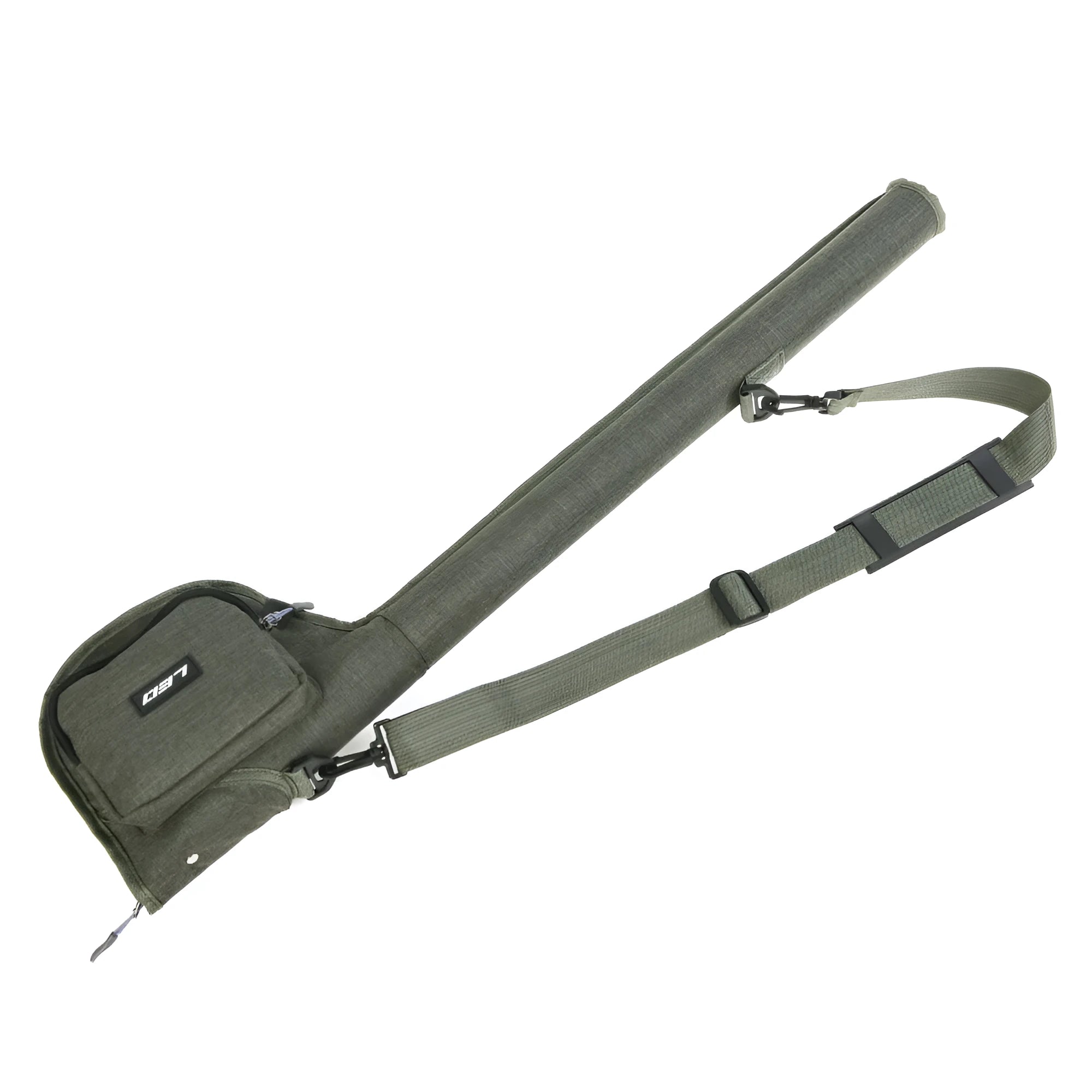 Green canvas fishing rod bag 81cm long lying flat on a surface showing the fabric texture and stitching
