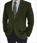 Men's brown herringbone pattern retro suit jacket with long sleeves and notch lapel.