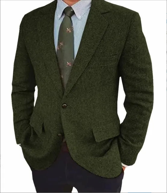 Men's brown herringbone pattern retro suit jacket with long sleeves and notch lapel.