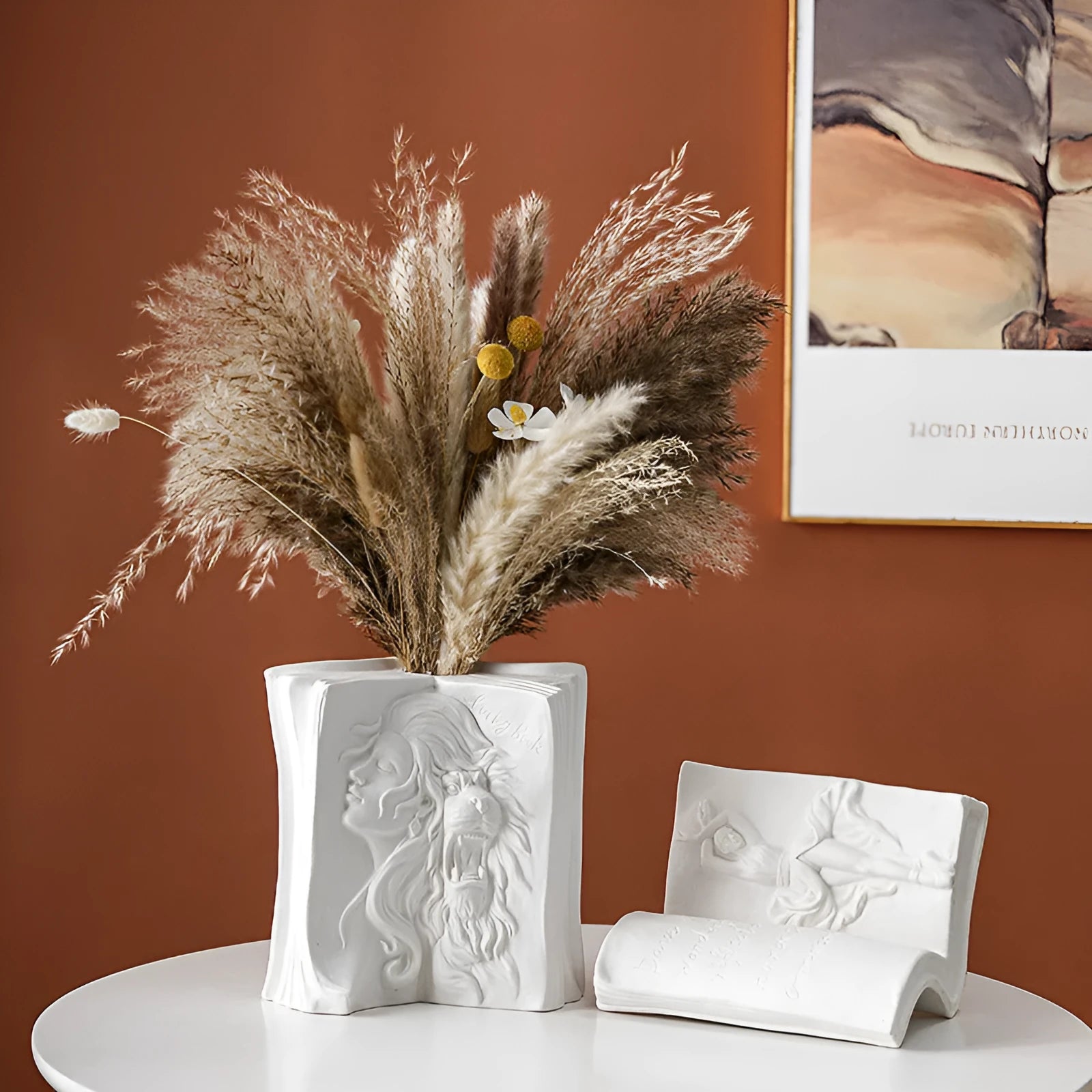 Glazed ceramic book stand in a choice of four decorative colour designs on a desktop.