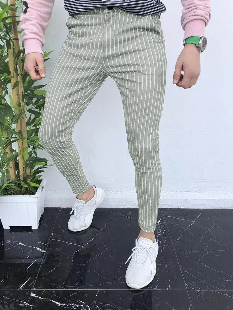 Men's straight-leg casual trousers with 3D printed plaid pattern in polyester blend fabric