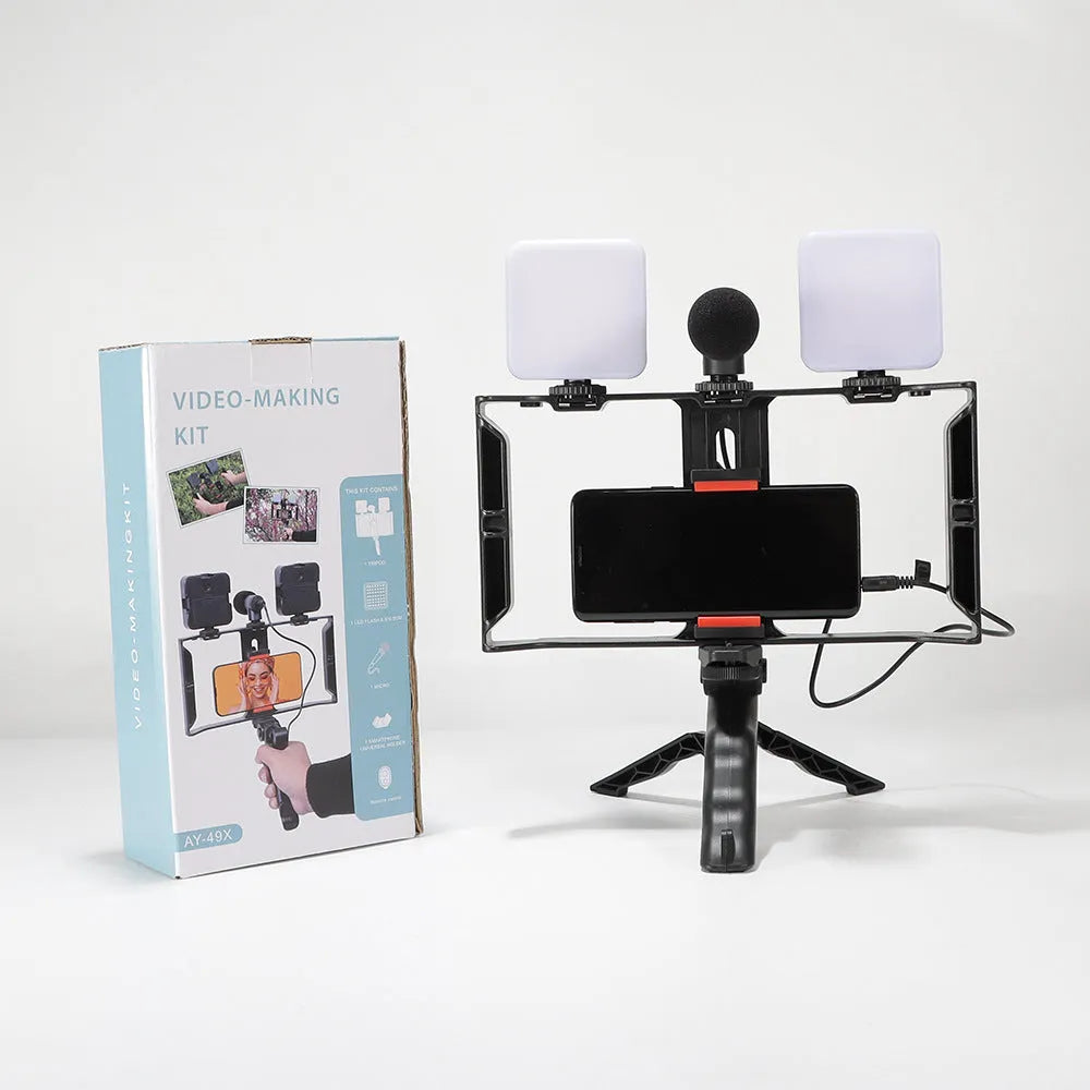LED mini square pocket light tripod flash unit showing compact 7.3x2.8x8.4 cm dimensions and multiple attachment configurations