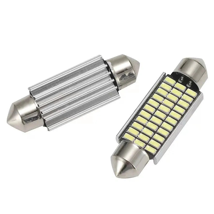 White aluminium car roof light with double-tip design for reading and license plate illumination.