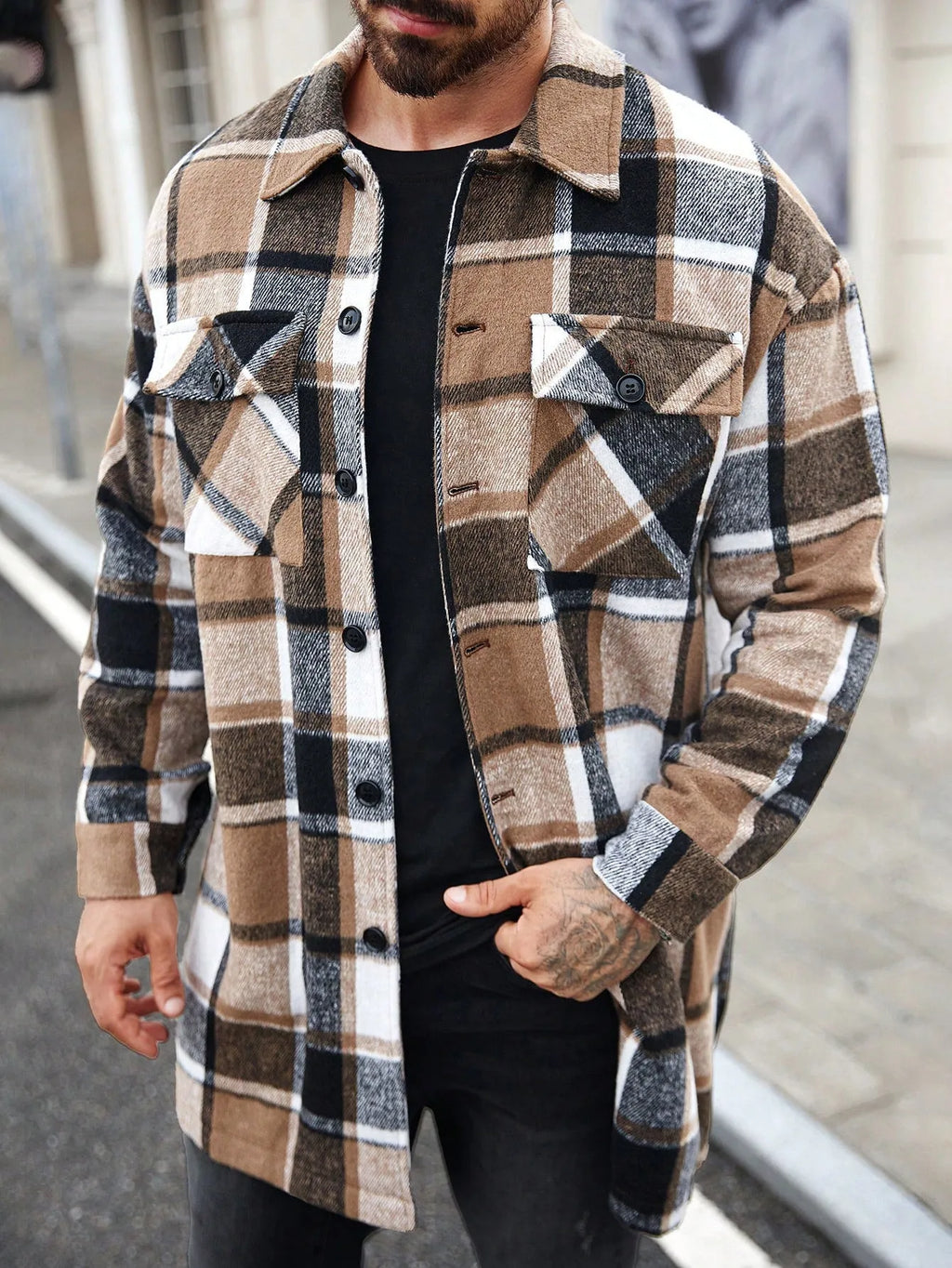 Men's long casual button shirt jacket grid pattern slim fit with double 3D patch pockets in five colours S-XXL