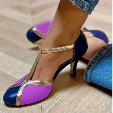 Women's round toe high heels in light blue and pink, showing button closure, for sizes 34-43.
