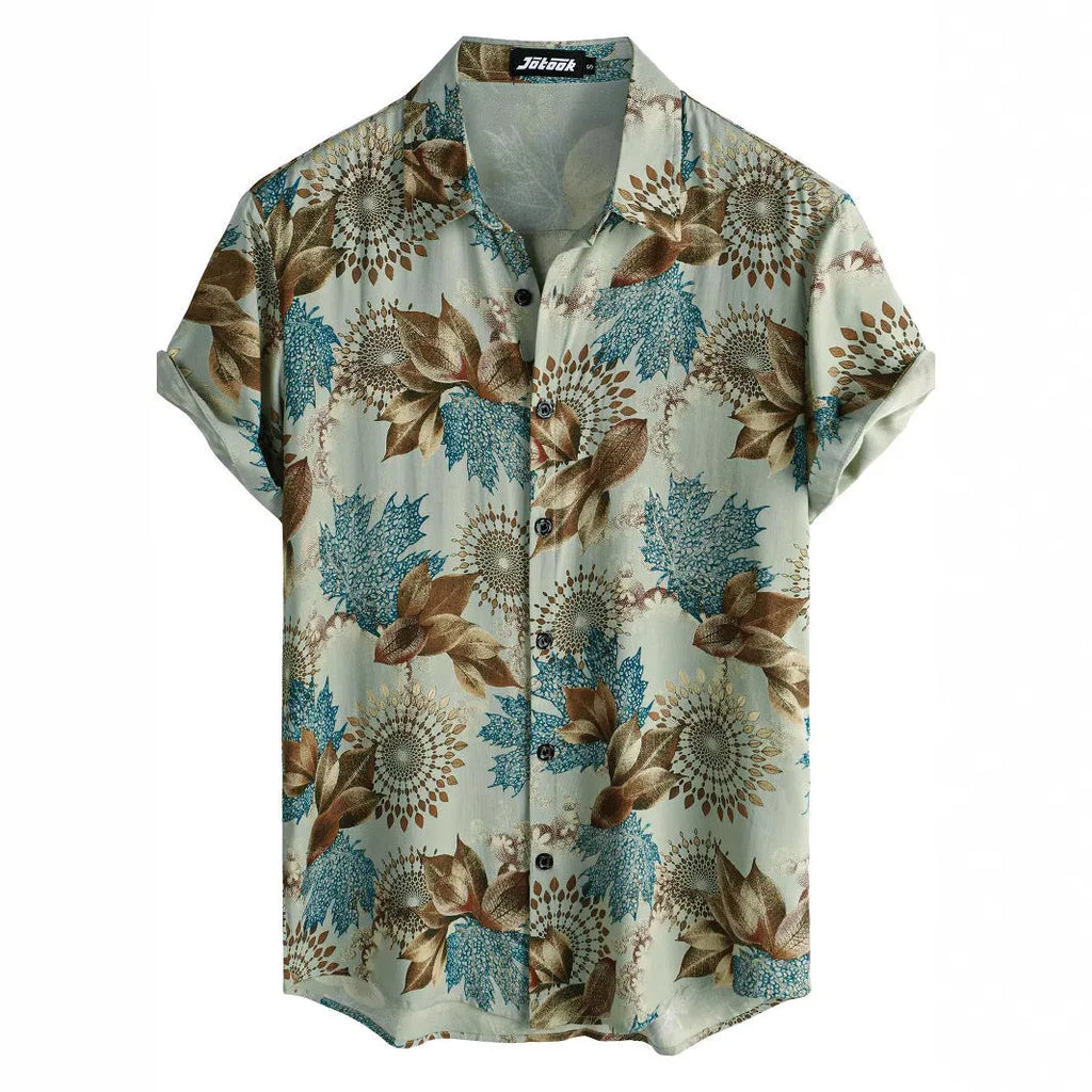 Hawaiian floral print short sleeve lapel shirt on a hanger