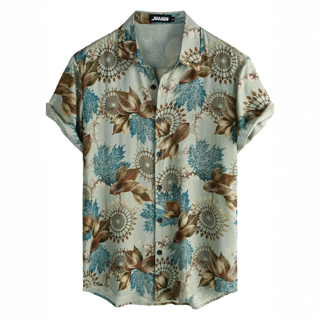 Hawaiian floral print short sleeve lapel shirt on a hanger