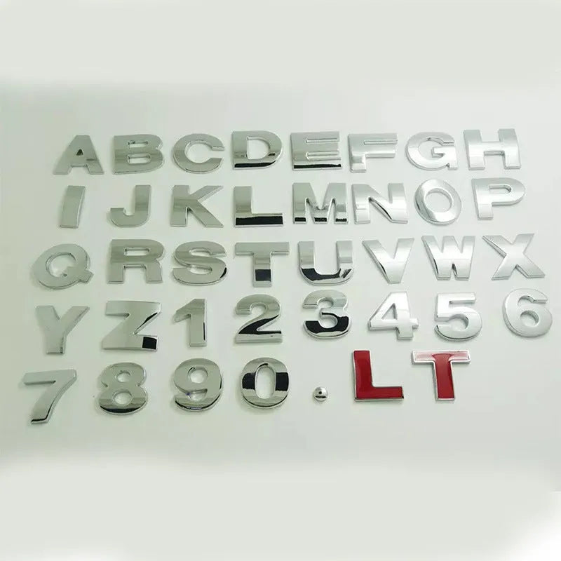 3D metal car bumper stickers showing individual zinc alloy letters in silver and black finishes