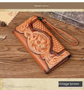 Retro brown women's tri-fold wallet with embossed floral pattern, showing interior card slots and coin compartment.