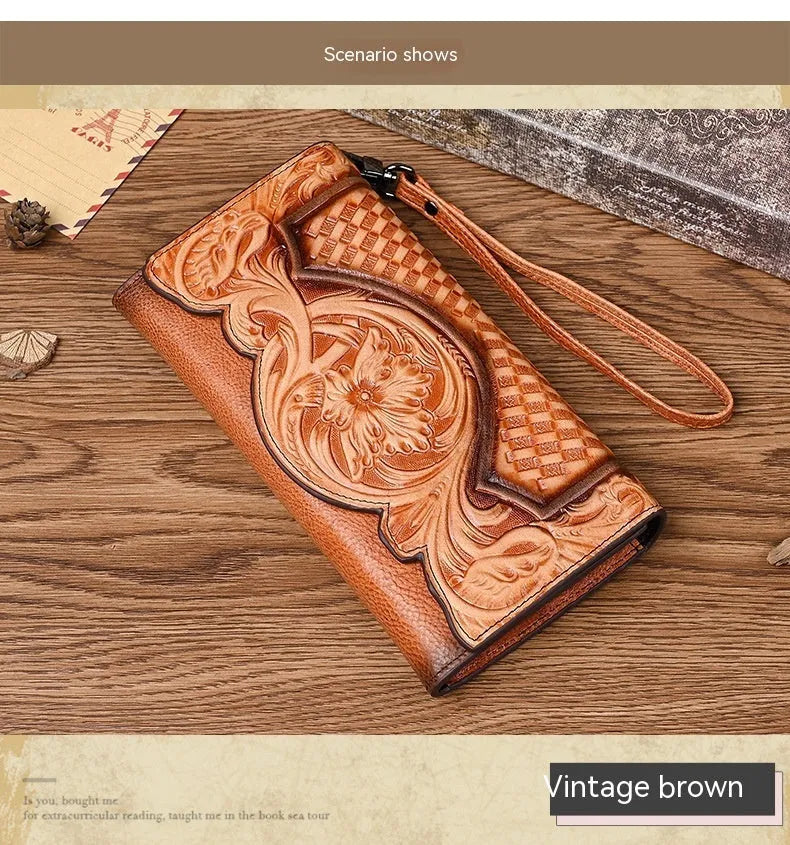 Retro brown women's tri-fold wallet with embossed floral pattern, showing interior card slots and coin compartment.