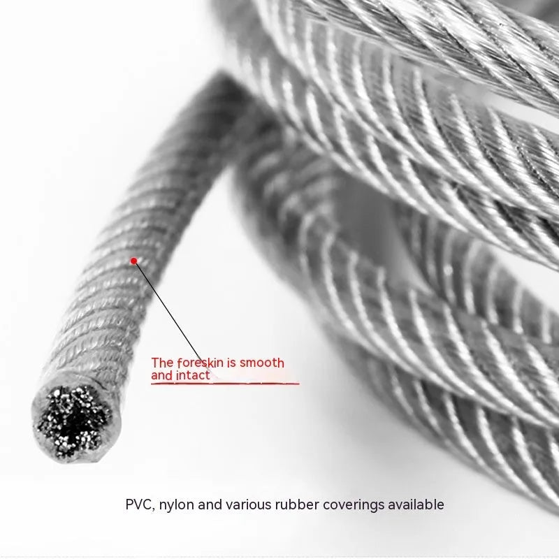Coil of 304 stainless steel multi-strand wire rope on a white background.