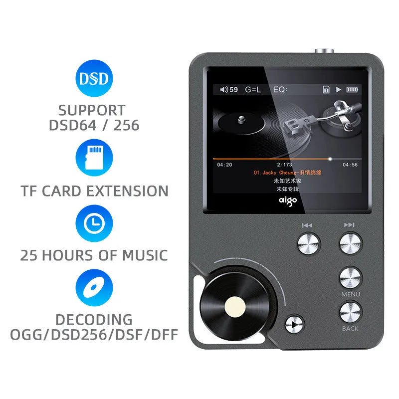 Master HIFI lossless DSD256 music player in Silver Gray with 2 inch screen, push buttons, USB 2.0, and 88 x 56 x 16mm body