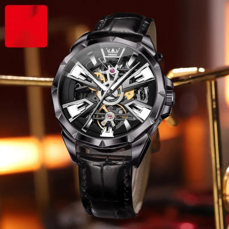 Men's automatic mechanical watch with transparent case back showing movement, 44mm barrel dial