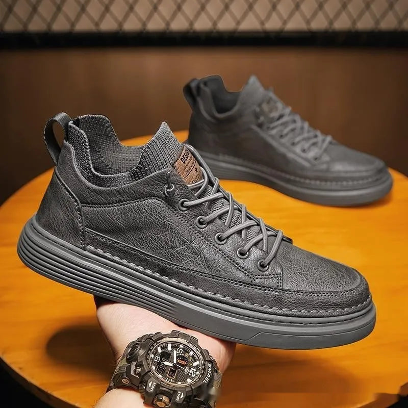 Men's black non-slip wear-resistant lightweight sneakers with EVA sole and PU upper, side view