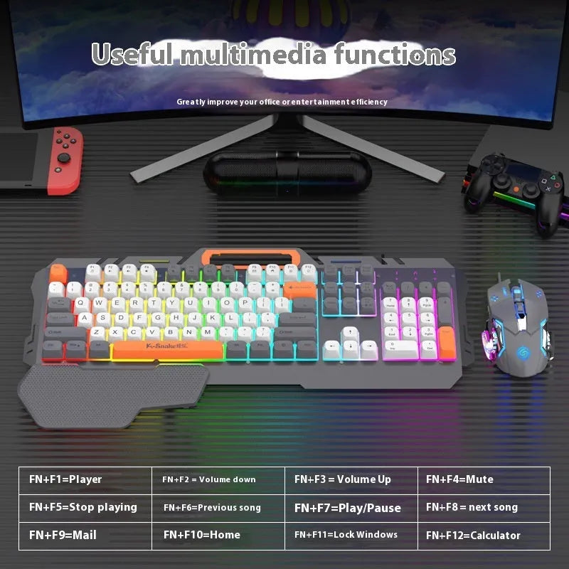 Blue wired gaming keyboard and mouse combo with RGB backlighting on desk