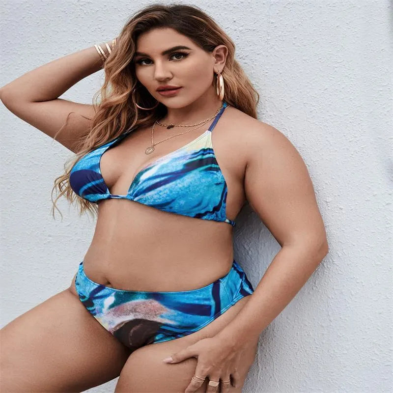 Women's sapphire blue polyester bikini three-piece set for swimming with extended sizing options