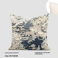 Antique blue decorative cushion with abstract flower pattern in Chinese style, shown in square and waist pillow sizes.