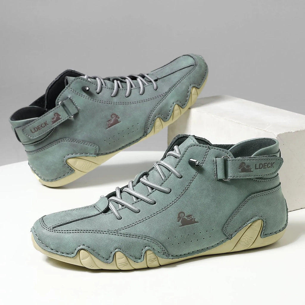 Men's octopus style high top shoes in khaki with rubber sole and microfiber upper.