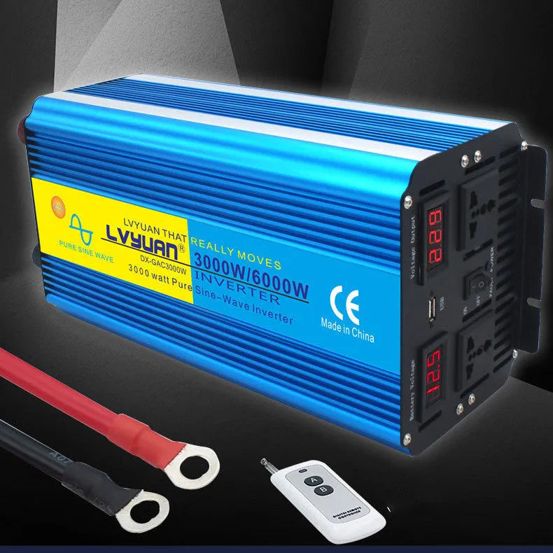 Blue 3000W pure sine wave car power inverter with digital display and remote control for UK sockets