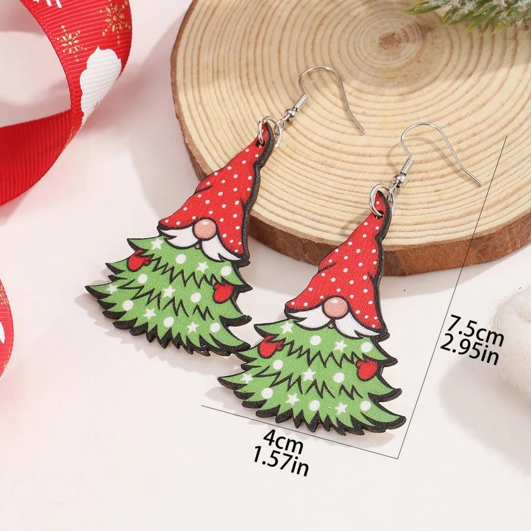 Women's wooden Christmas earrings with printed tree and snowman designs and Santa motifs.