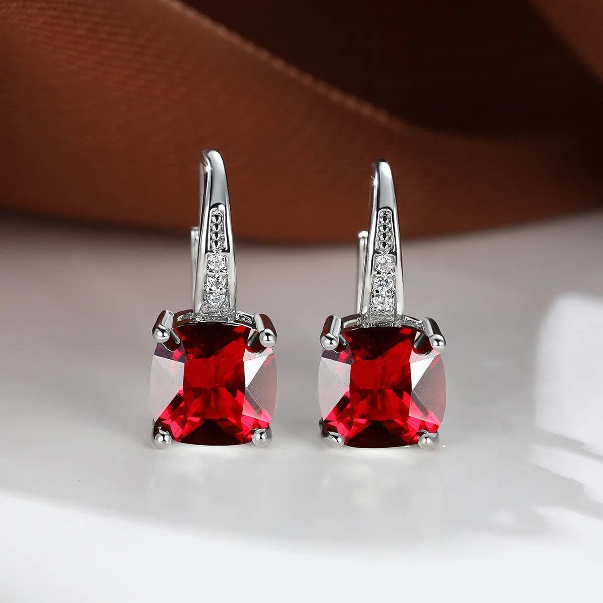 Square geometric ear hooks with round zircon inlays in gold, platinum, or rose gold finish