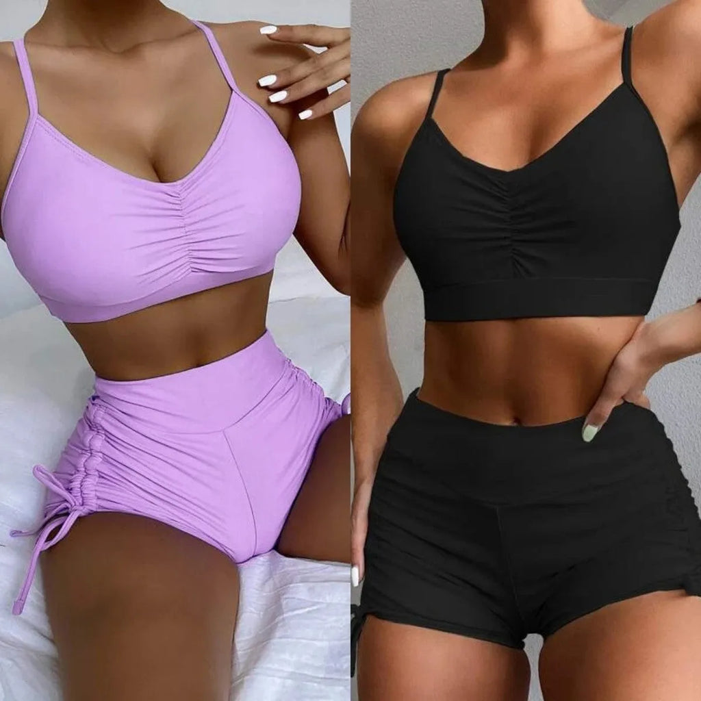 Purple high-waisted split bikini swimsuit for women on a white background.