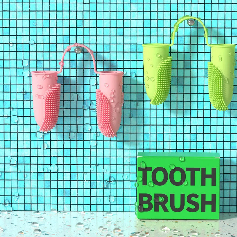 TPR pet tooth cleaning finger cover in blue green, pink, or grass yellow for manual dental care.