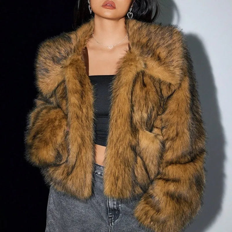A woman's short-length artificial fur coat with a faux fur collar in a plush grey Maojian tea colour.
